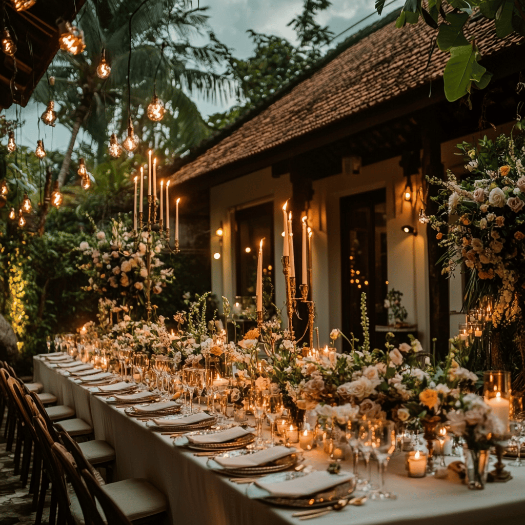 a long table with candles and candles on it