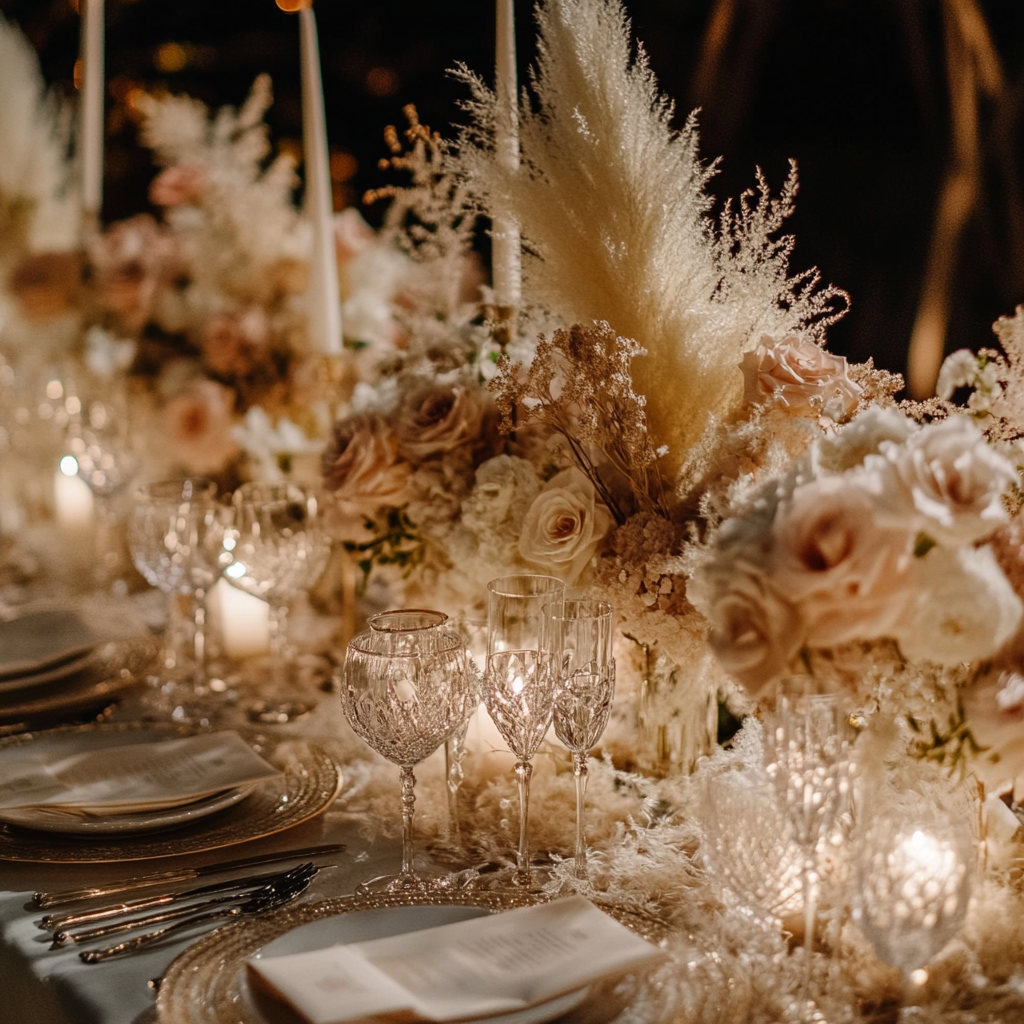 a table with a bunch of flowers and candles