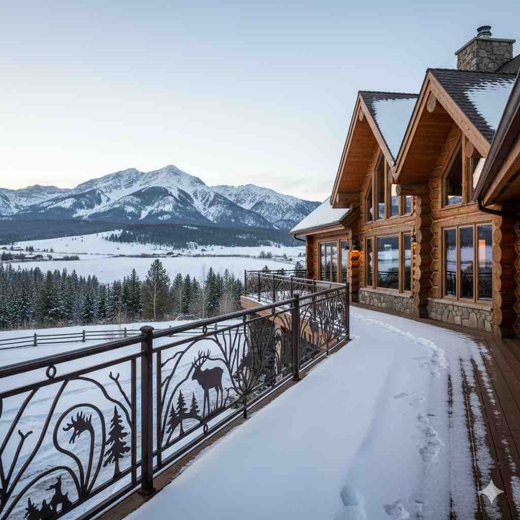 Custom modern steel outdoor deck railing handcrafted by Helena Welders for a luxury Montana home.