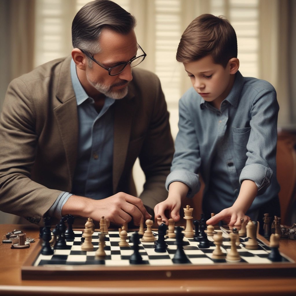 A close-up of a chessboard with black and white chess pieces arranged for play. The background consists of bookshelves filled with various books, creating a cozy, intellectual atmosphere.