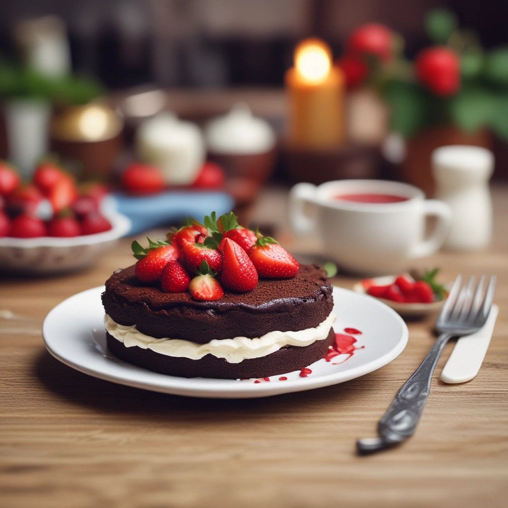 bolo de chocolate com recheio de leite Ninho e morangos