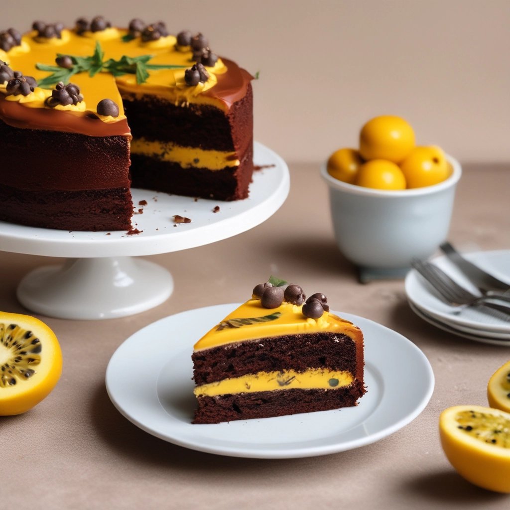 bolo de chocolate com recheio e cobertura de maracujá