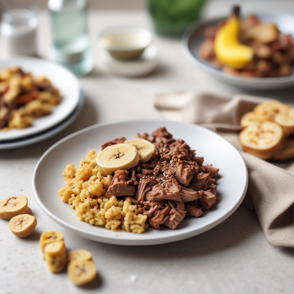carne cozida com farofa de banana