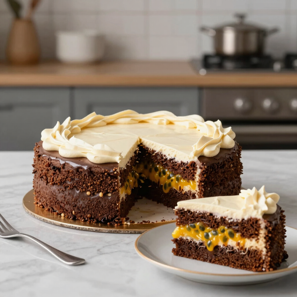 bolo de chocolate com recheio e cobertura de maracujá