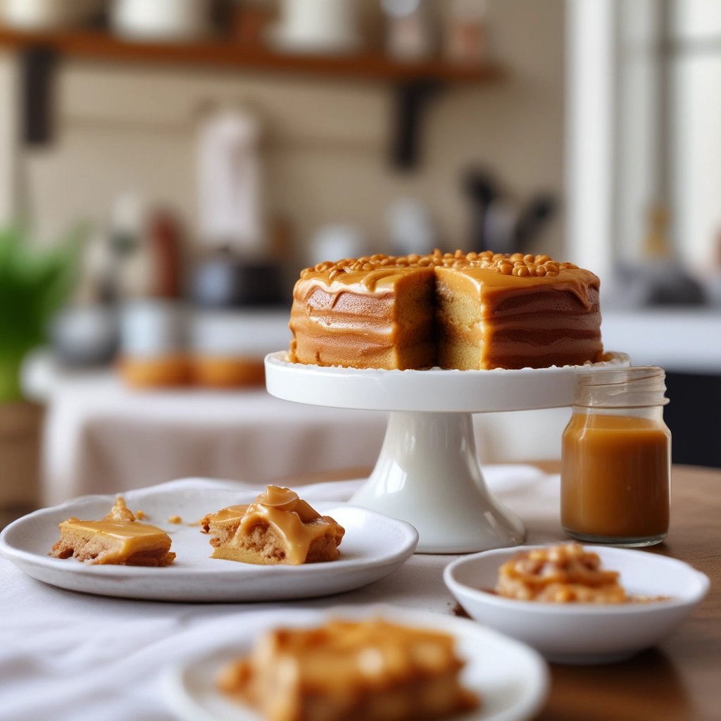 bolo com recheio e cobertura de doce de leite