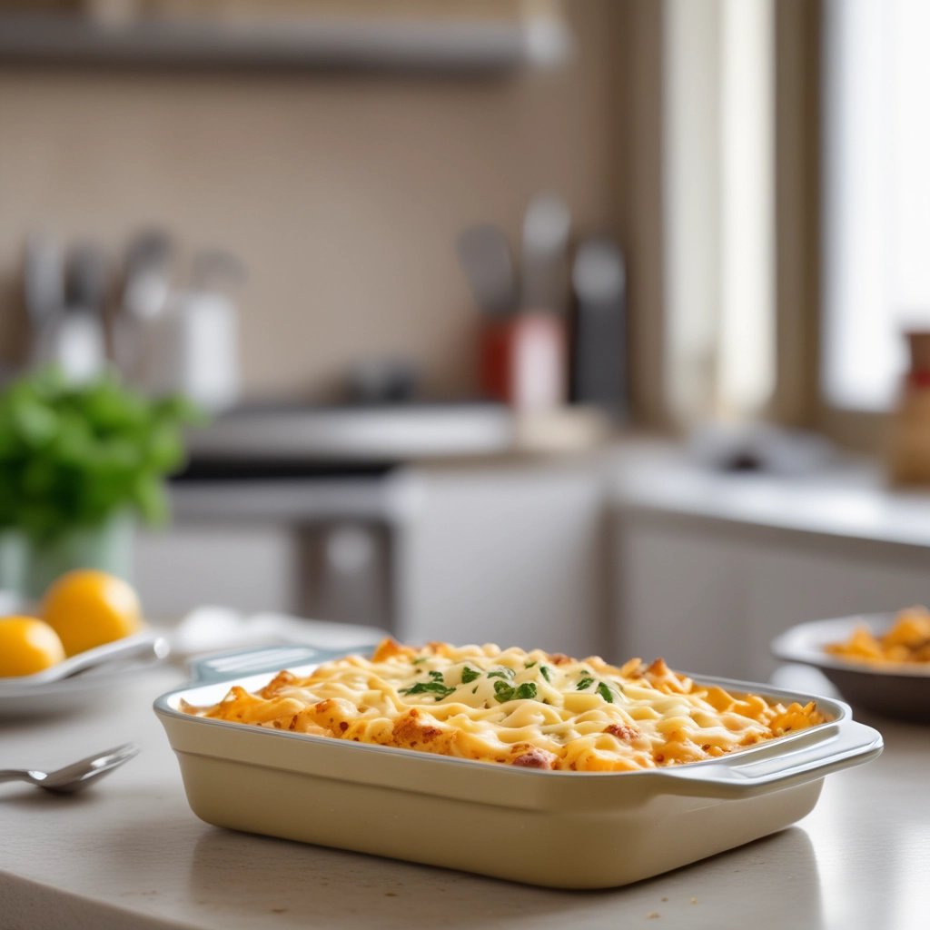 Macarrão Cremoso na Travessa com Queijo Gratinado