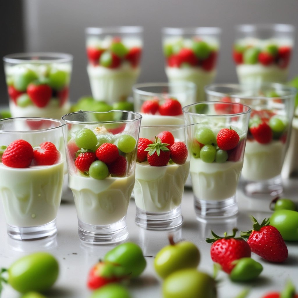 copinho de doce de creme com frutas morango e uva