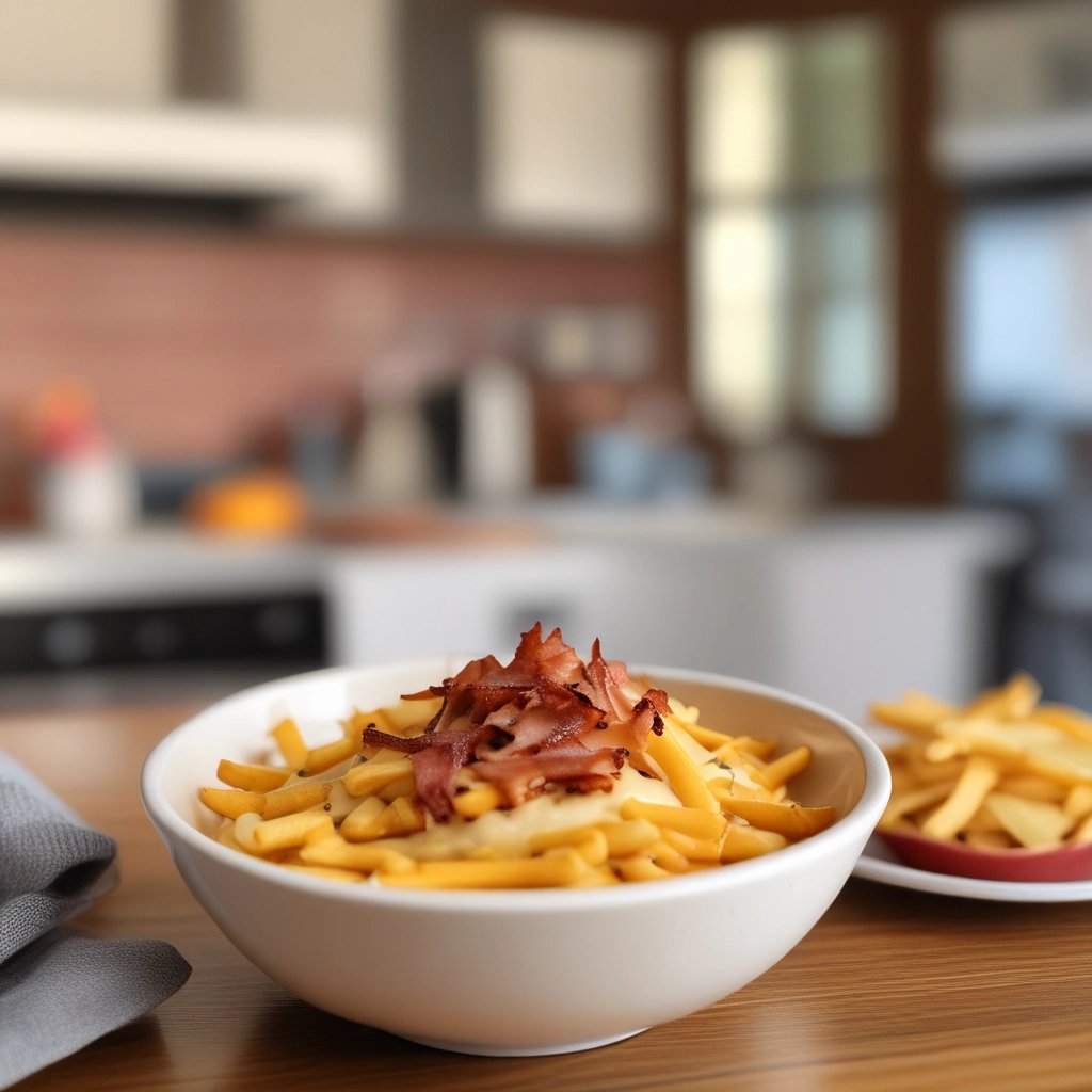 batata frita com molho cheddar e bacon