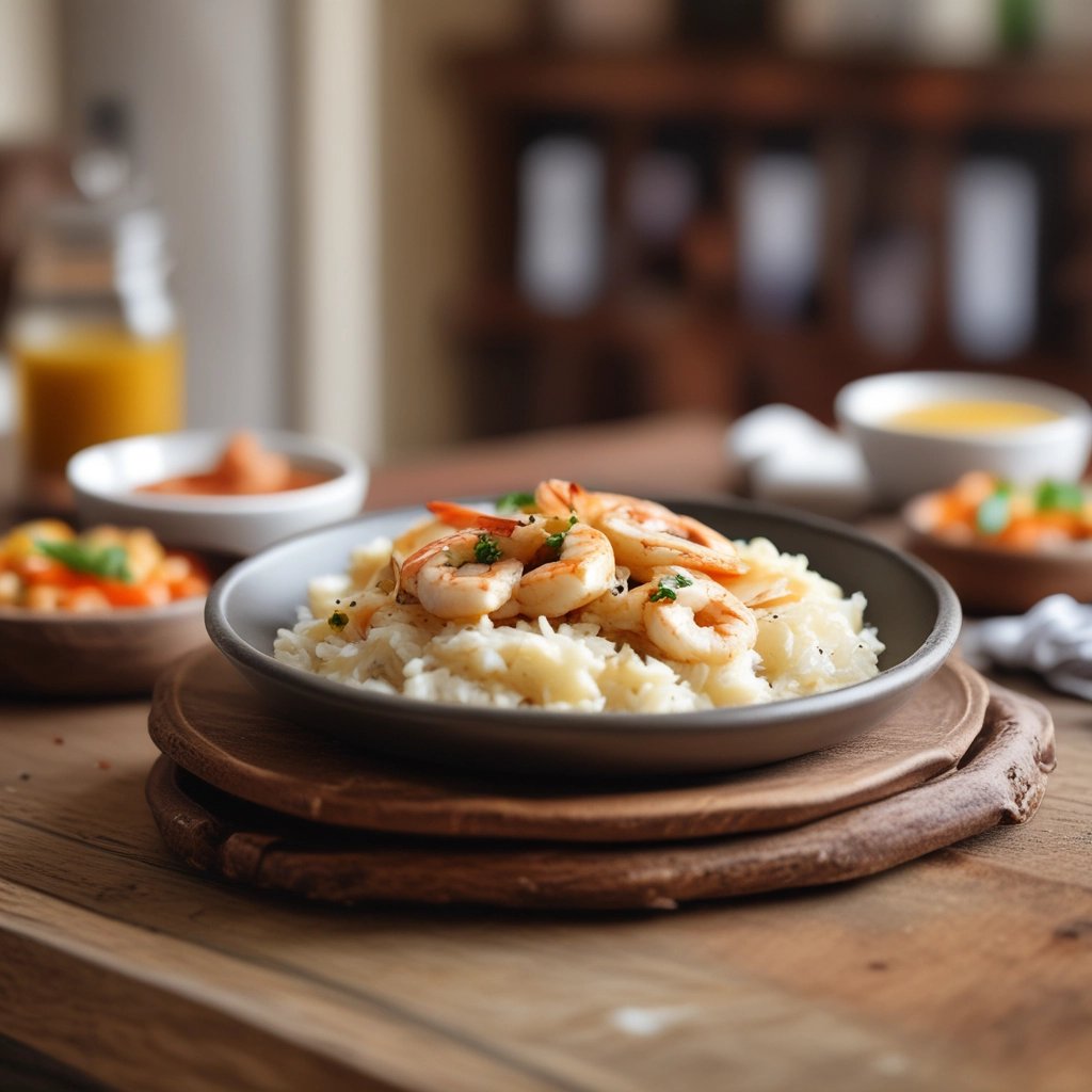 um prato com arroz e molho de camarão com tilápia