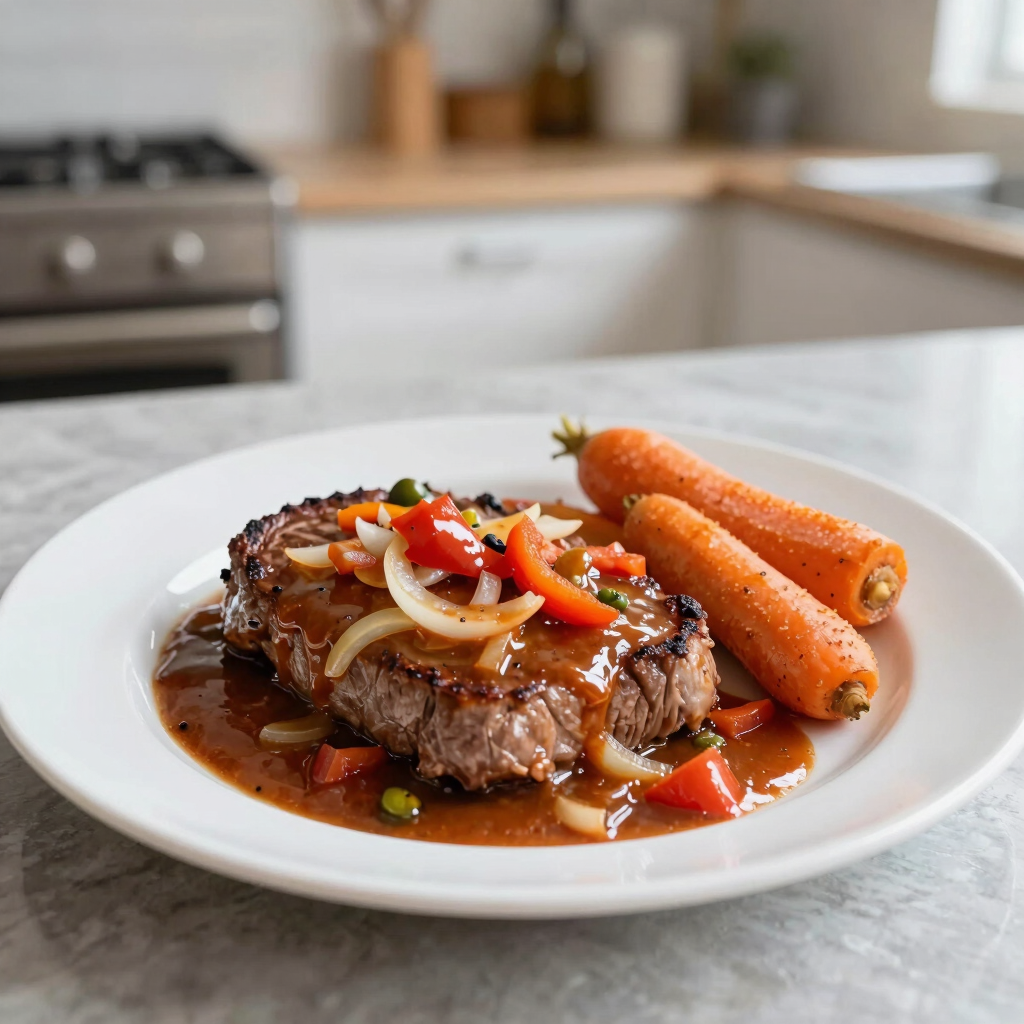 carne com molho, cebola, tomate, pimentão e cenoura