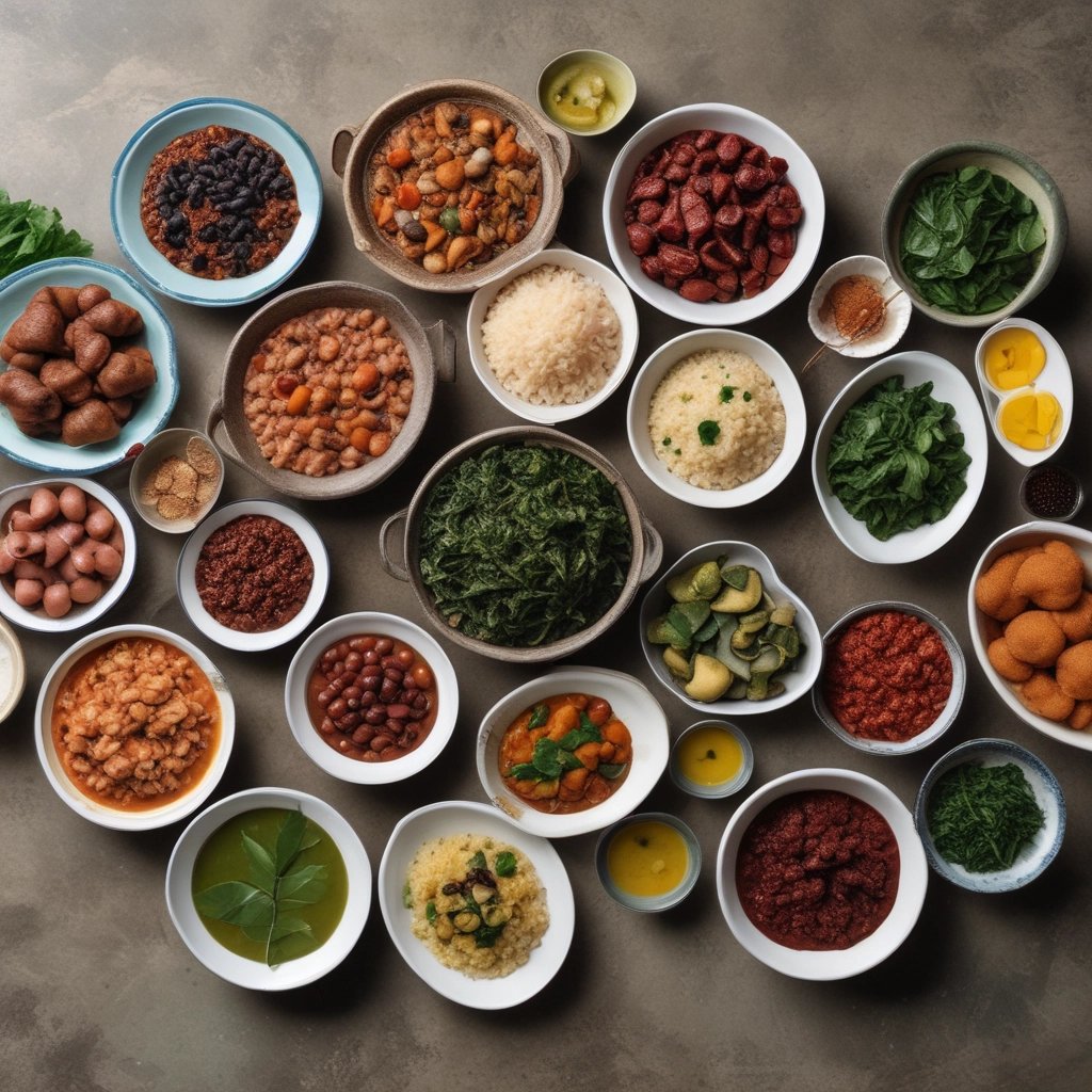 variedades de comidas postas em uma mesa. legumes, grãos, caldos 