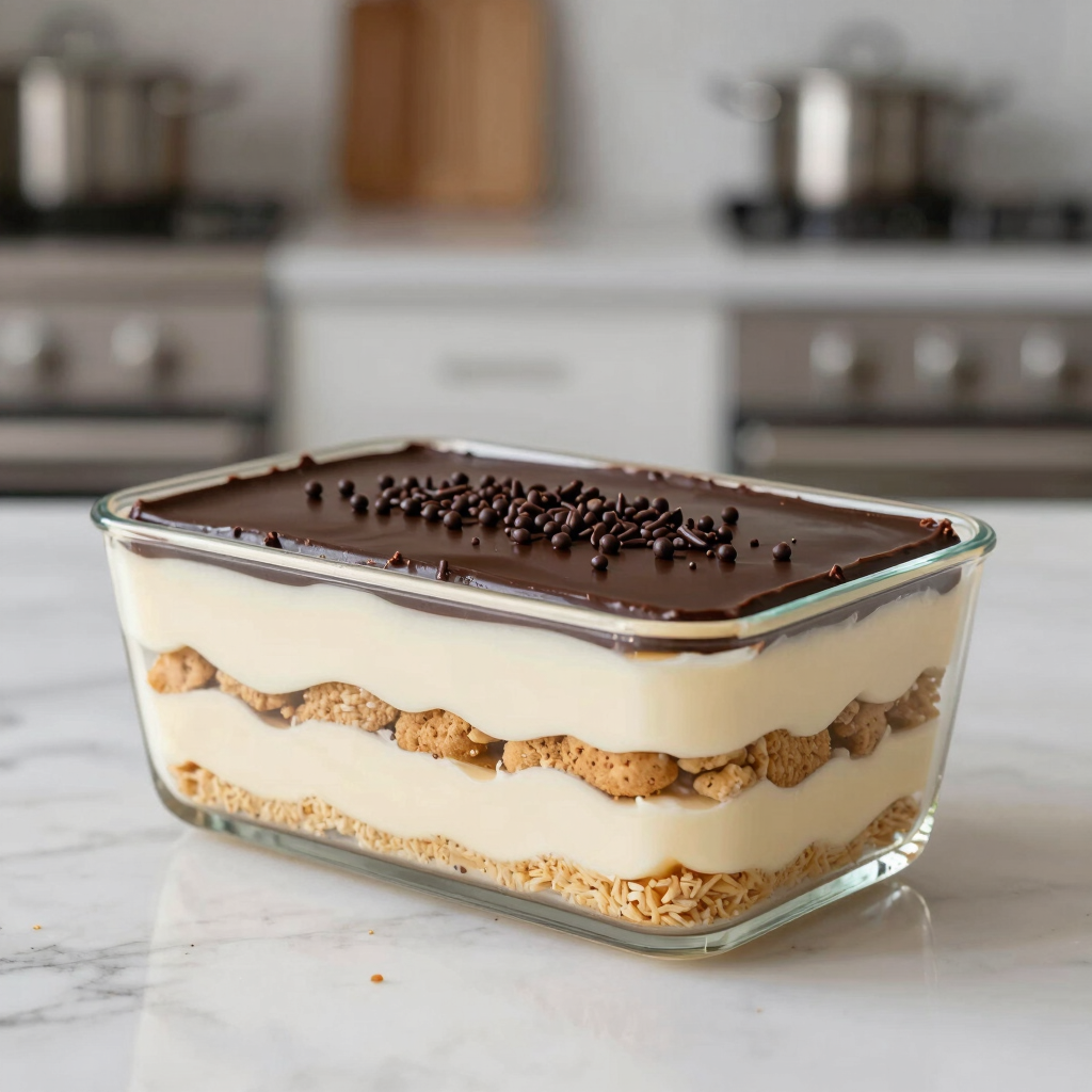 Pavê tradicional de creme com biscoitos e chocolate