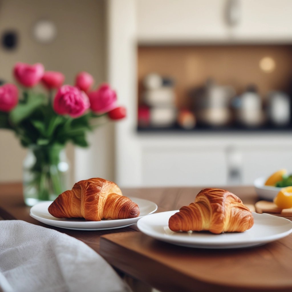 croissants dentro de pratos em cima de uma mesa