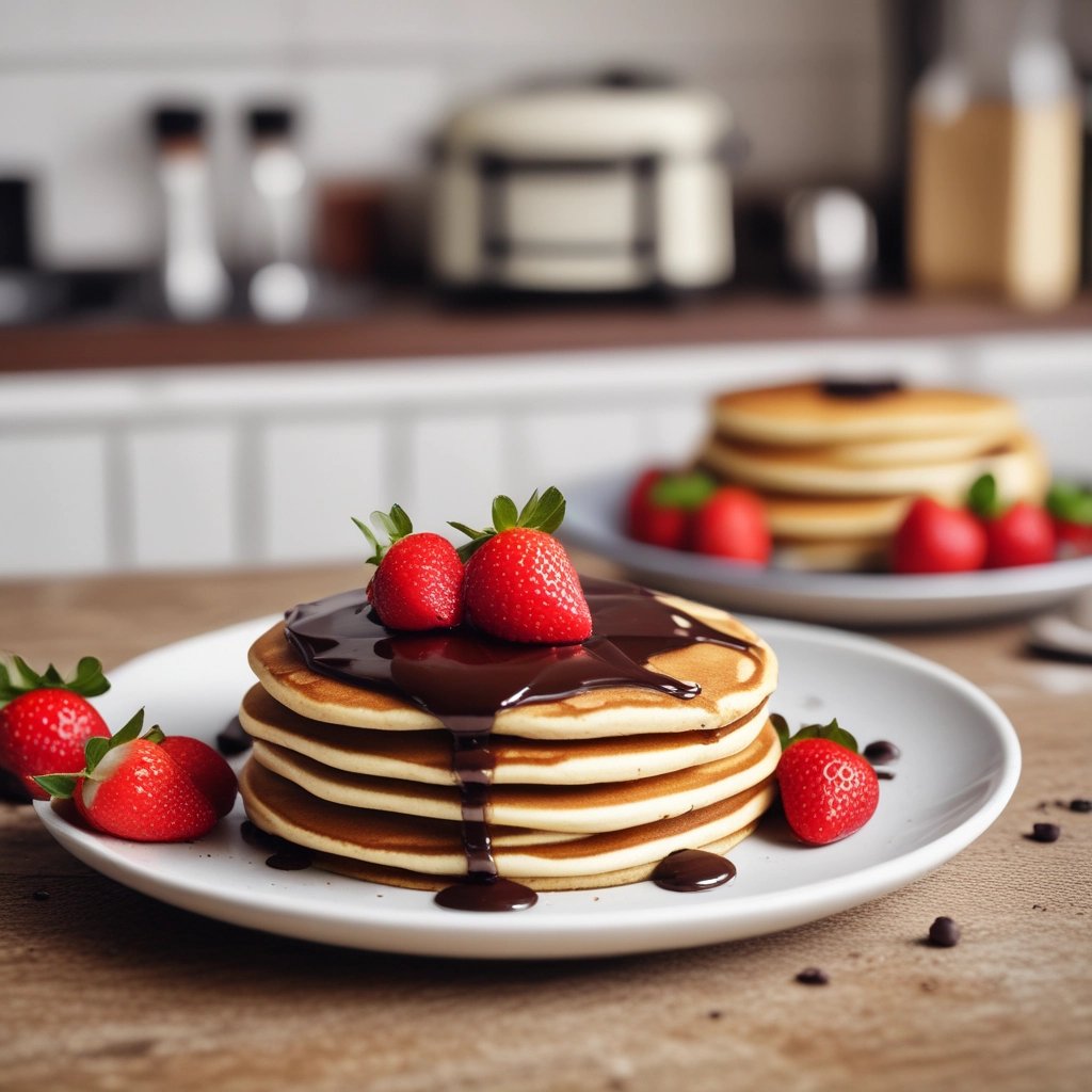 panquecas com cobertura de chocolate e morangos