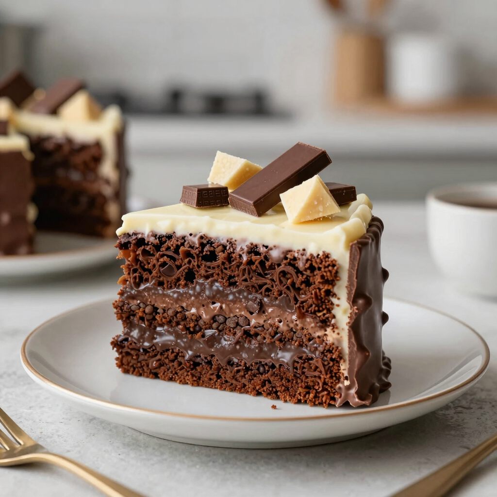 bolo de chocolate com recheio de chocolate e chocolate branco com bombom
