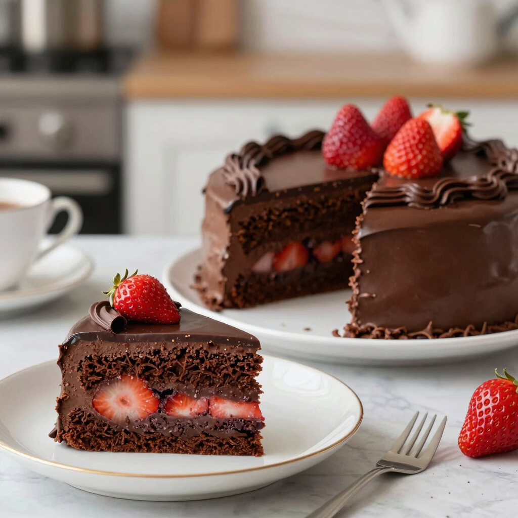 bolo de chocolate com recheio de brigadeiro e morango e cobertura de ganache de chocolate