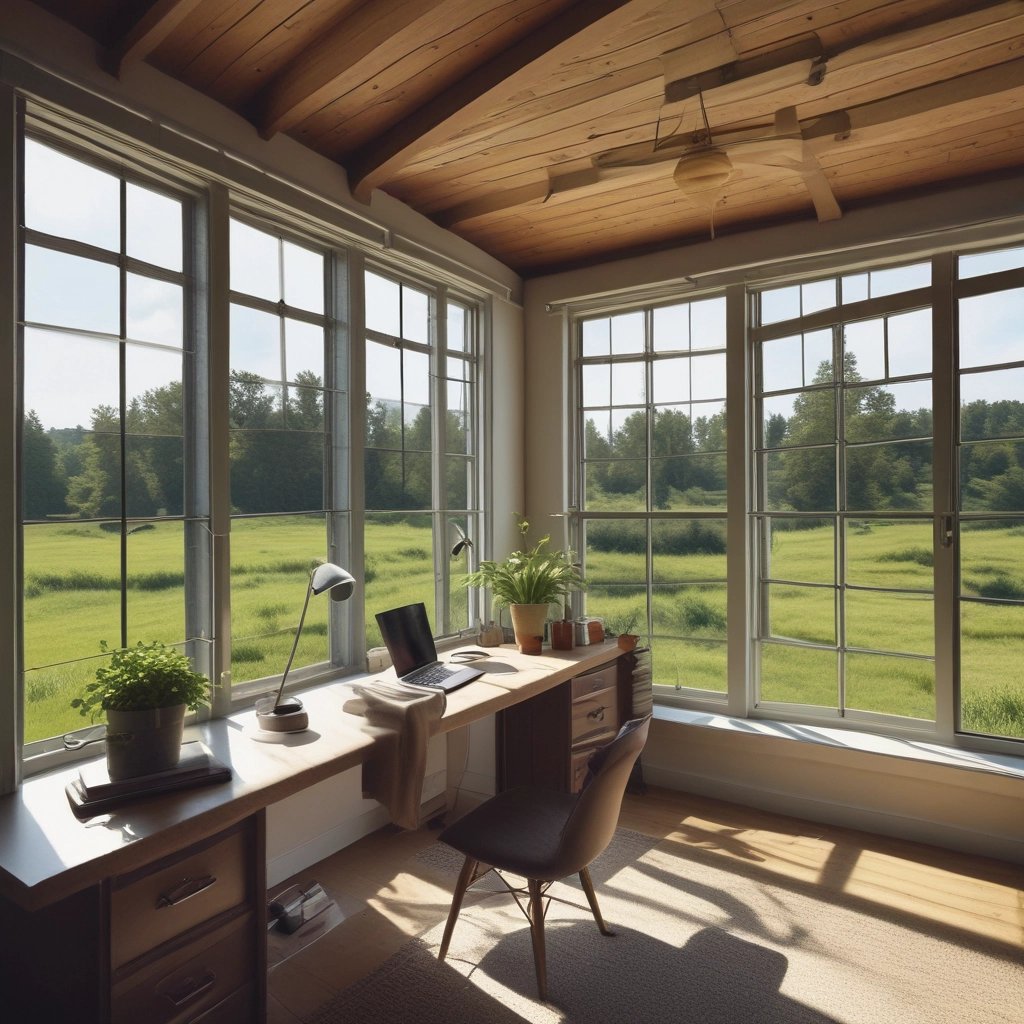 A cozy, rustic workspace with plants, sketches, and warm mocha and cream accents reflecting a nature-inspired creative studio.