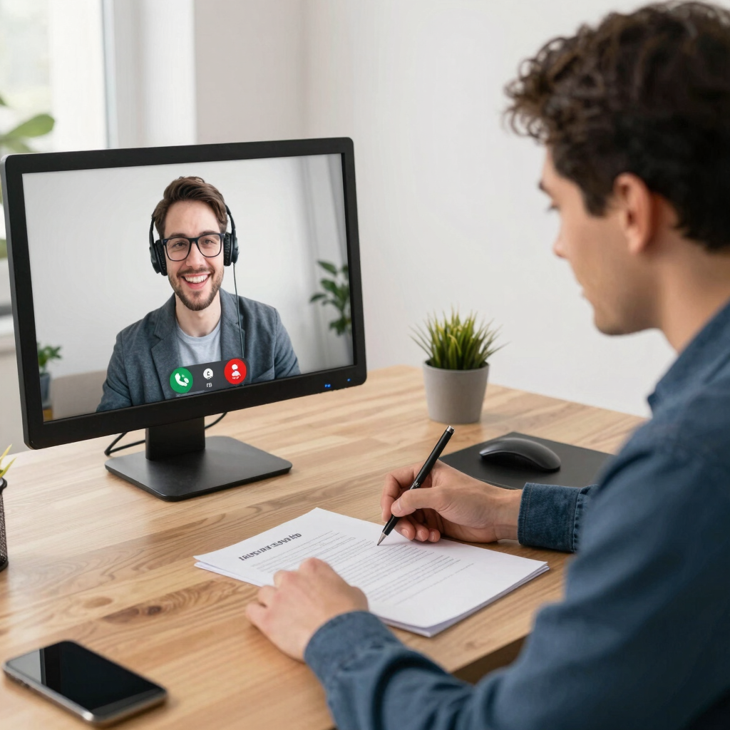 A laptop screen showing a live video notary session with digital documents.