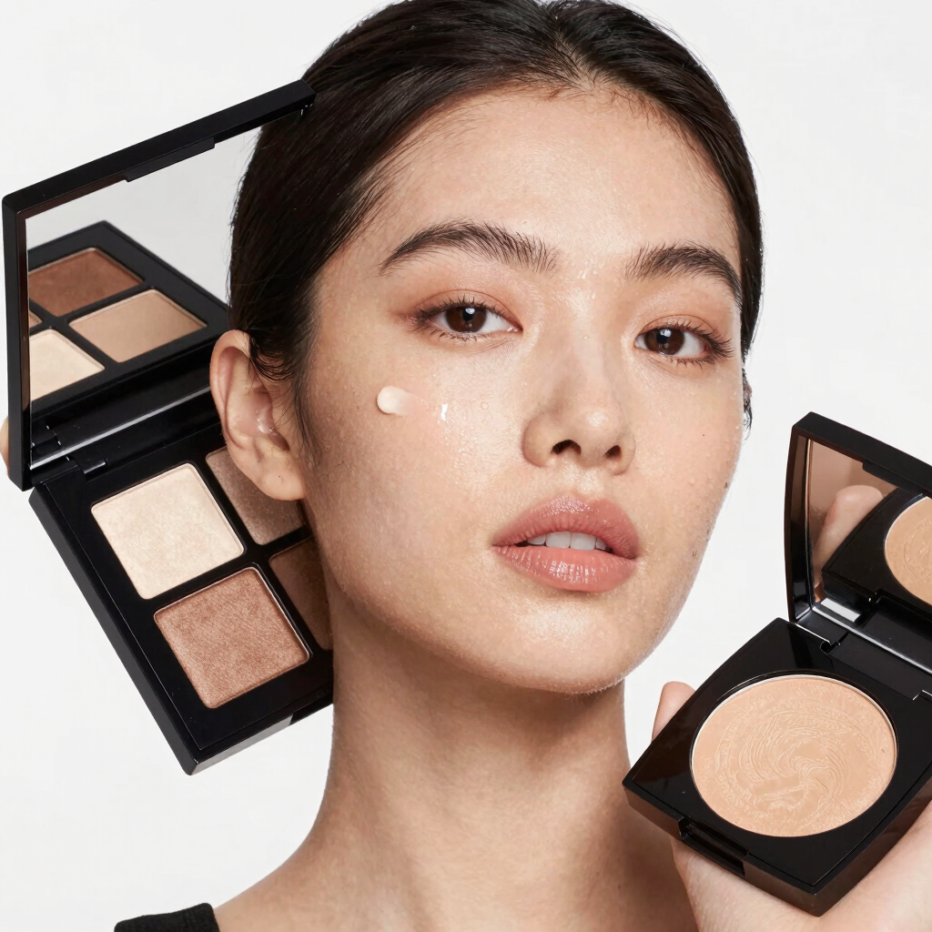 Close-up of luxurious makeup products with gold and pink accents.