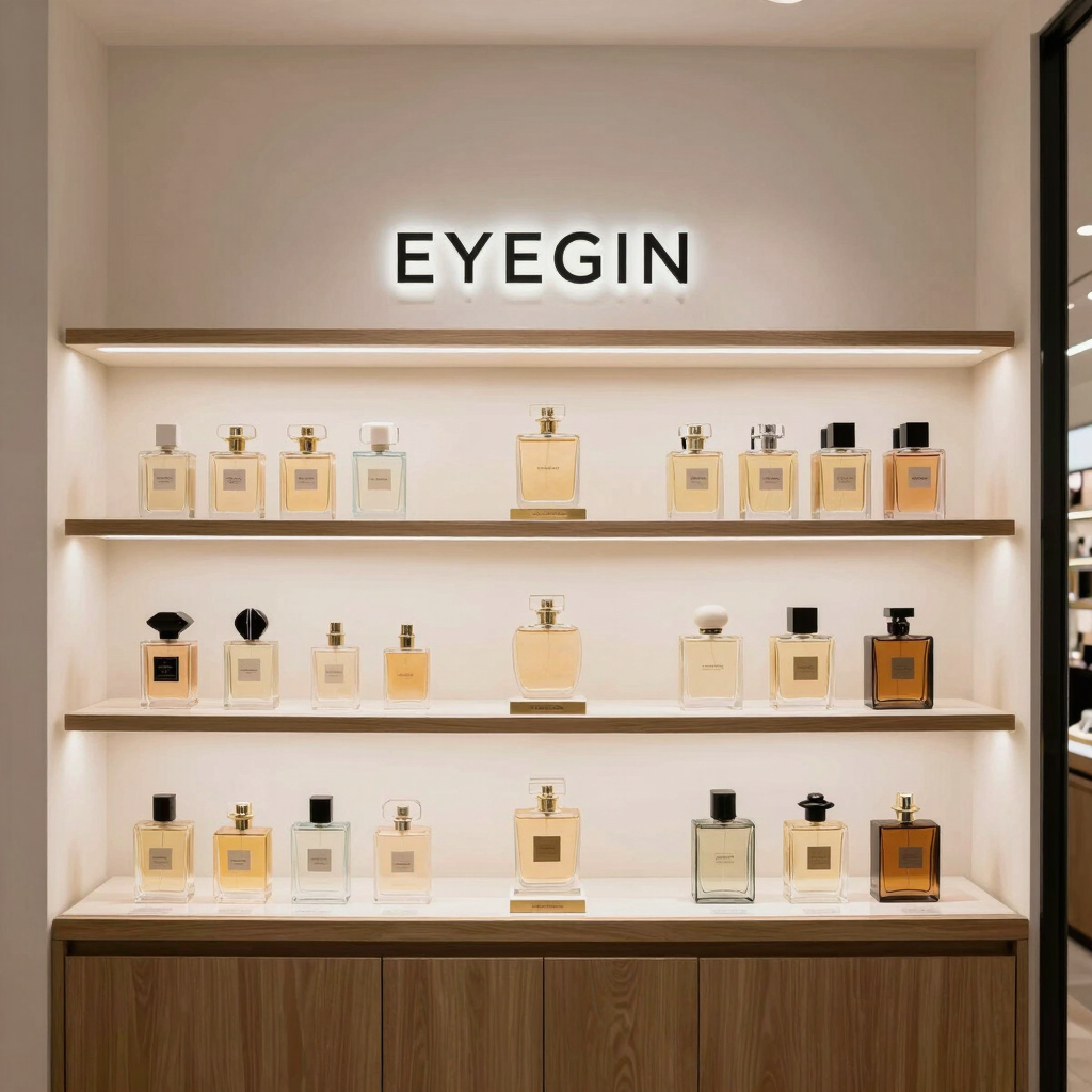 Skincare bottles and perfume flacons arranged on a marble surface.