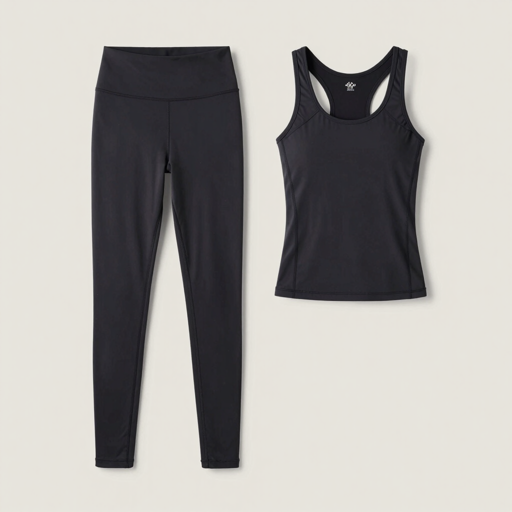 Elegant flat lay of premium women's clothing in soft nude and black tones.