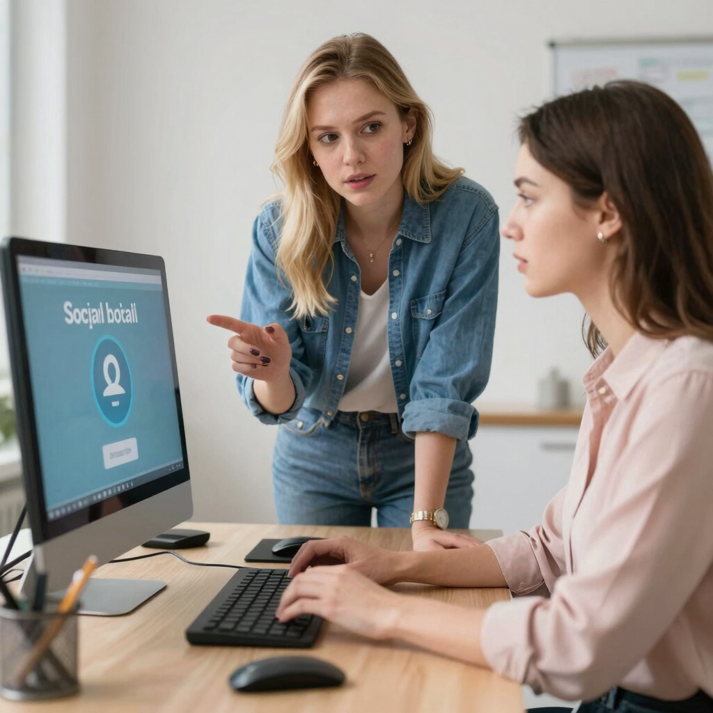 A confident woman giving a digital marketing workshop, with a presentation screen displaying branding concepts in elegant colors.