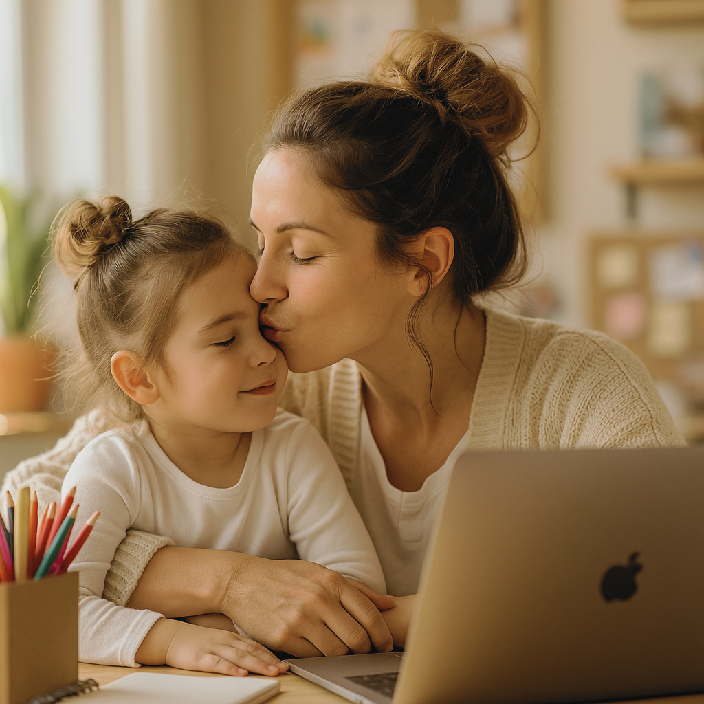 Mujer besando a su hija, mientras trabaja en su negocio desde casa.
