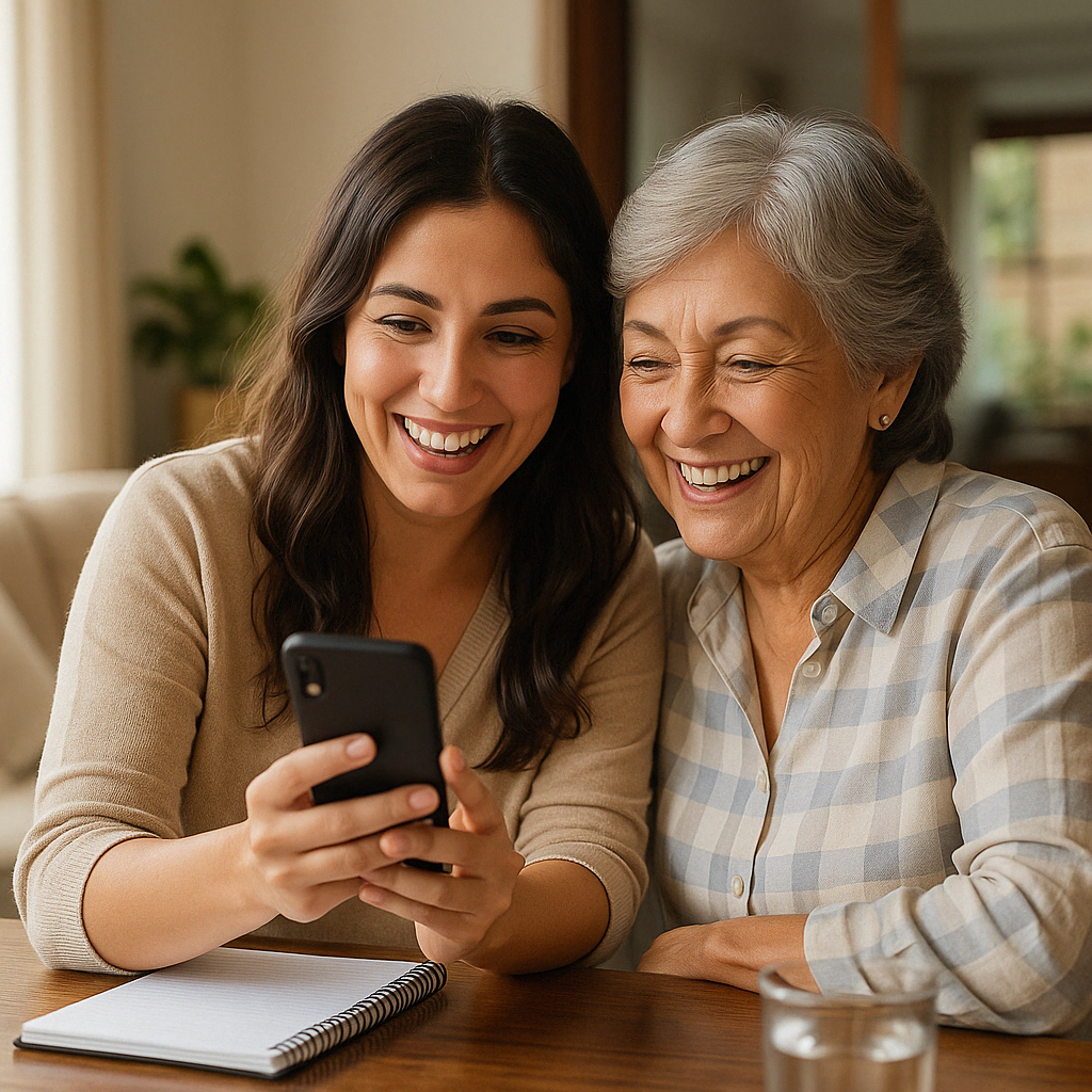 Mujer joven y adulta mayor sonríen mientras miran un celular, representa aprendizaje compartido y motivación para emprender j