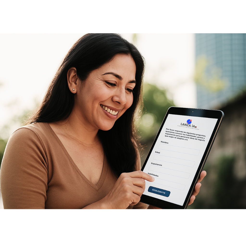 Mujer sonriente usando tablet para llenar formulario digital, representa inicio de negocio personalizado con LANZA iA.