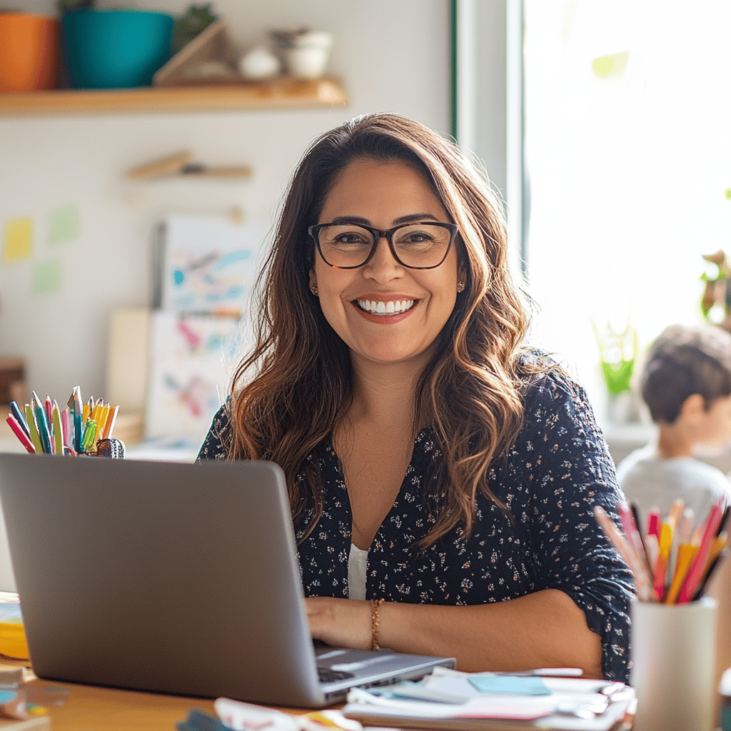 Mamá emprendedora sonríe frente a su laptop, representa creatividad, organización y trabajo desde casa con hijos.