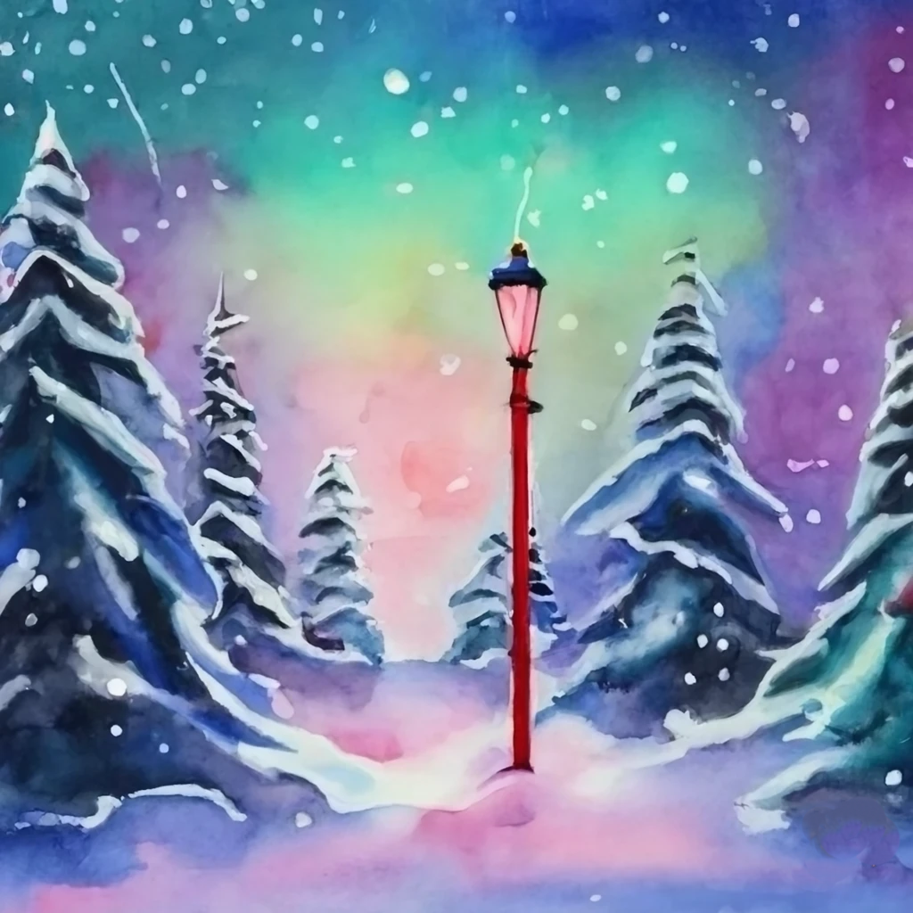 Gen AI watercolor - Narnia in winter with lampost