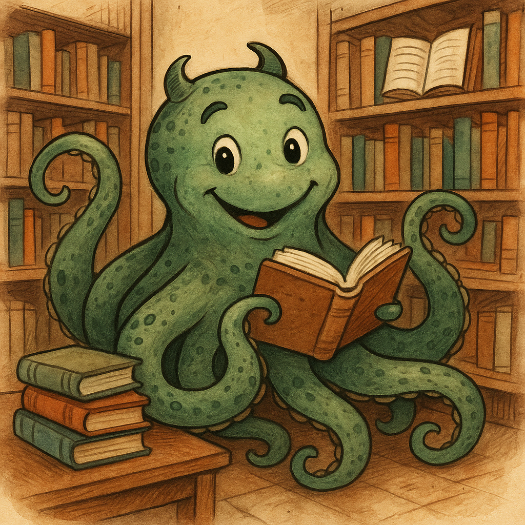 a cartoon octopus with a book in his hands