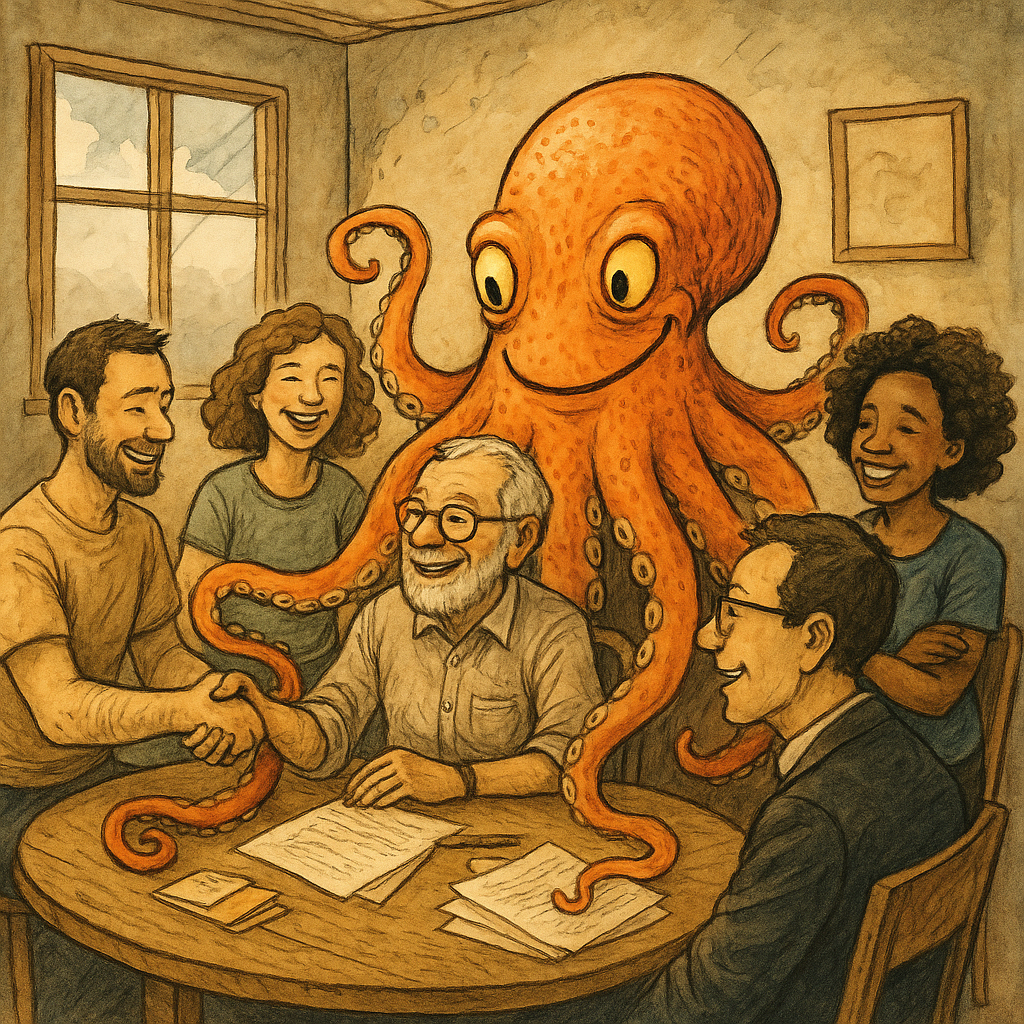 a group of people sitting around a table with a octopus