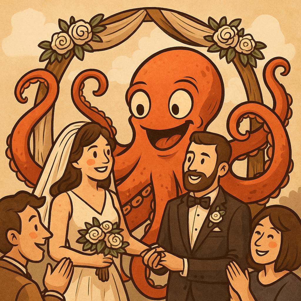 a cartoon style wedding ceremony with a octopus - like creature
