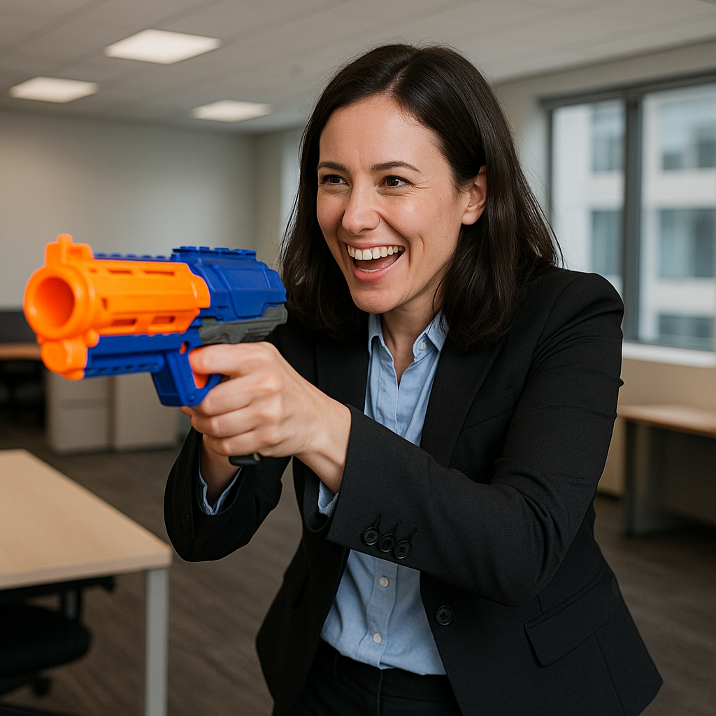 a woman in a suit and tie is holding a nerfet gun