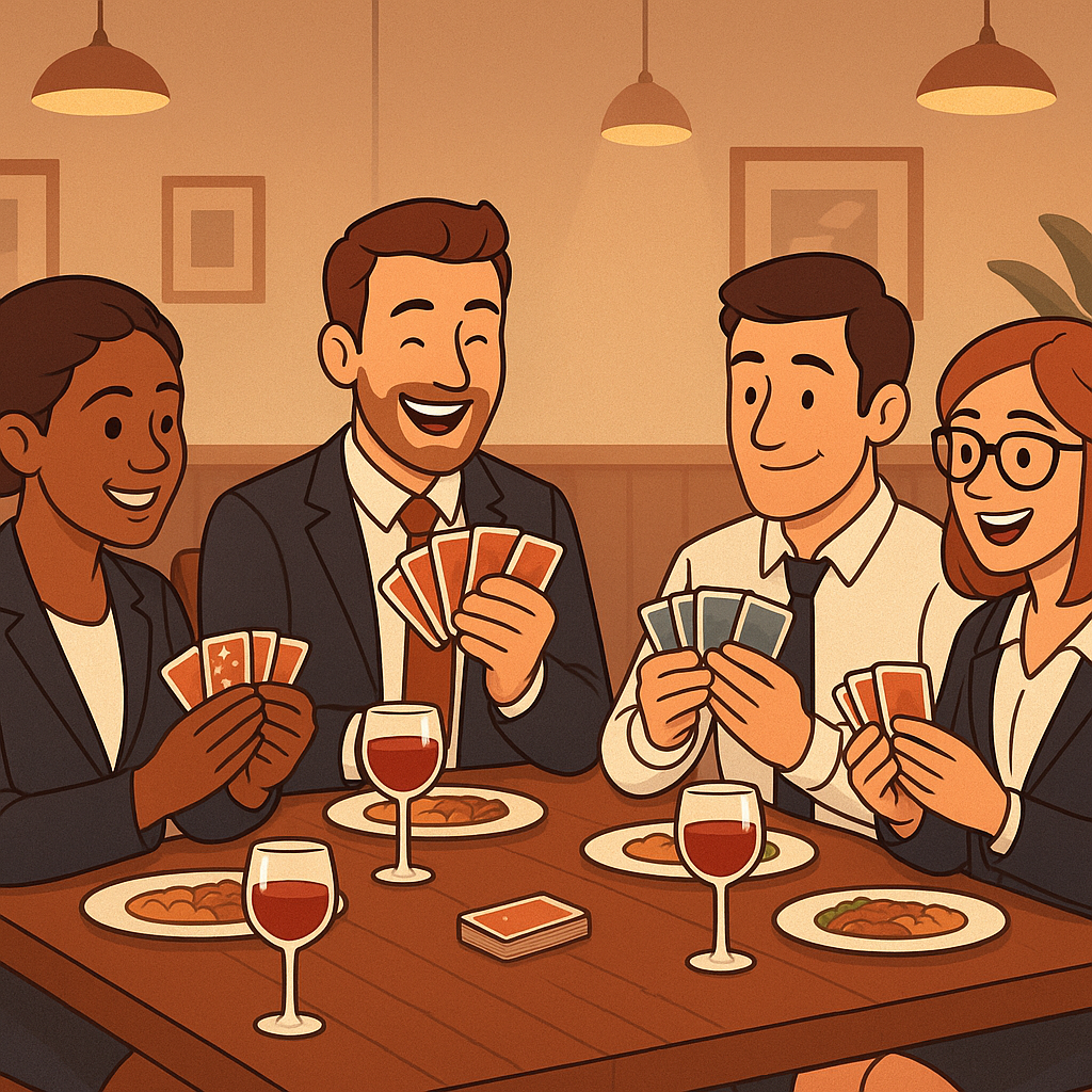 a group of people playing cards in a restaurant