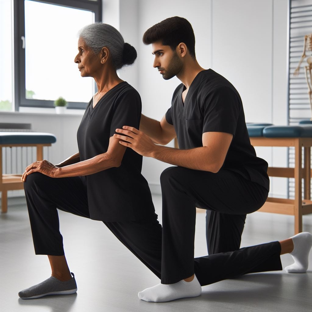 elderly woman doing exercises with Physiotherapist wearing black