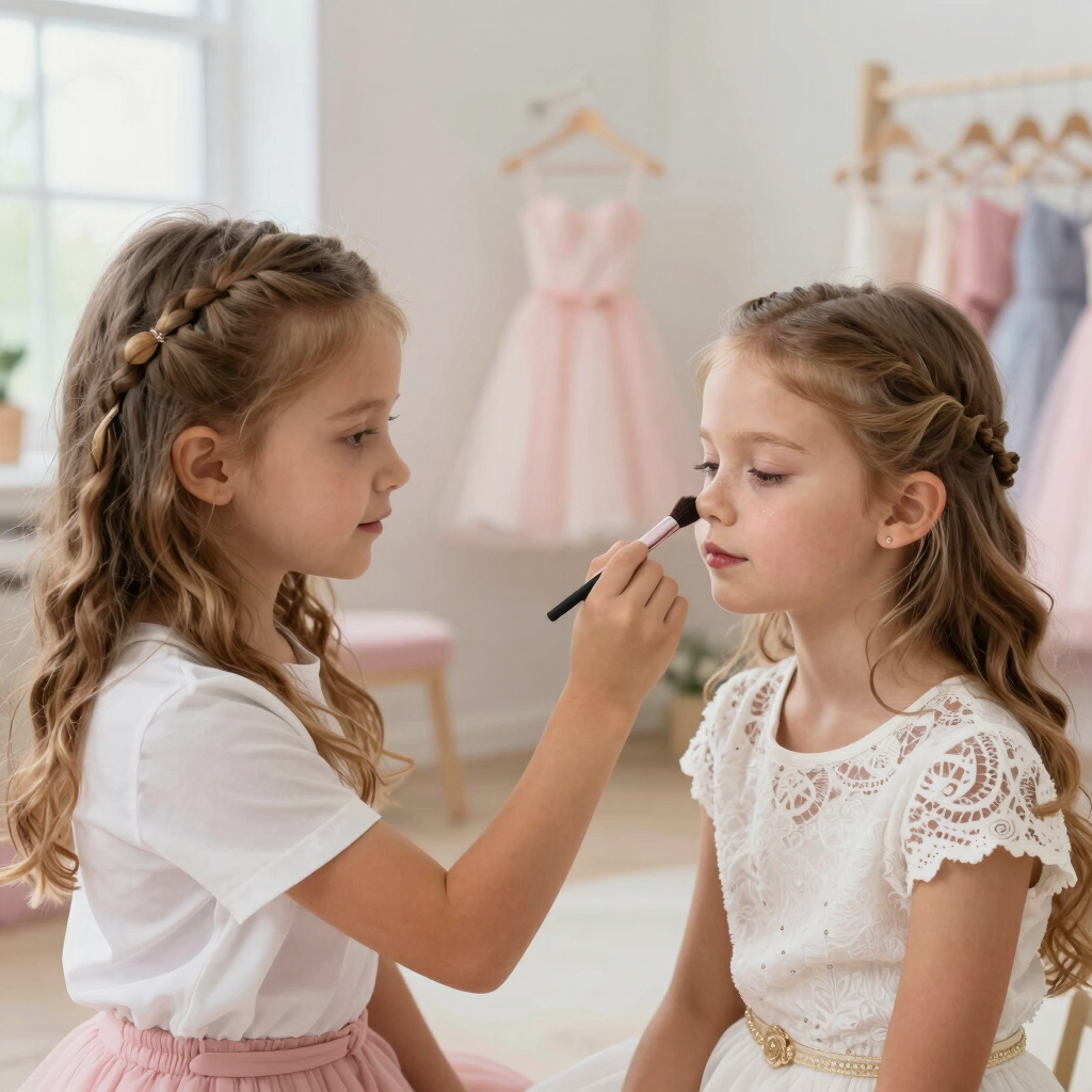 Two young girls with braided hair play dress up while applying makeup with a brush.