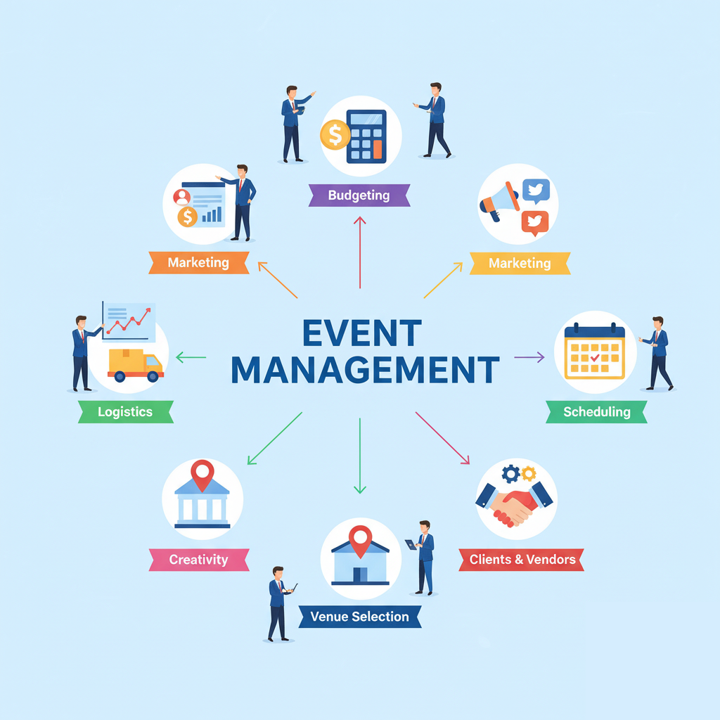event management -Budgeting , marketing, scheduling , clients and vendors, venue selection ,creativity ,logistics 