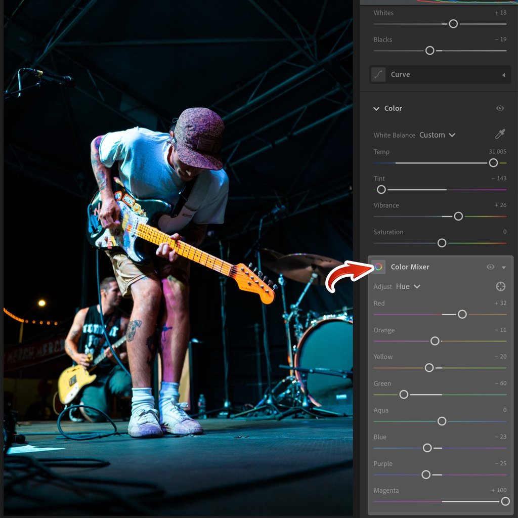 Adjusting the Color mixer/ HSL in Lightroom.
