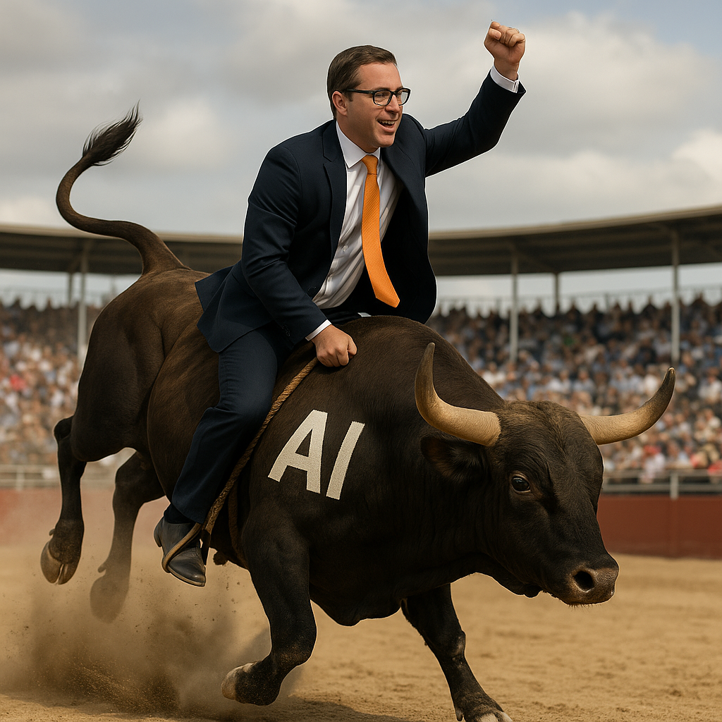 Businessman reitet den AI-Bullen