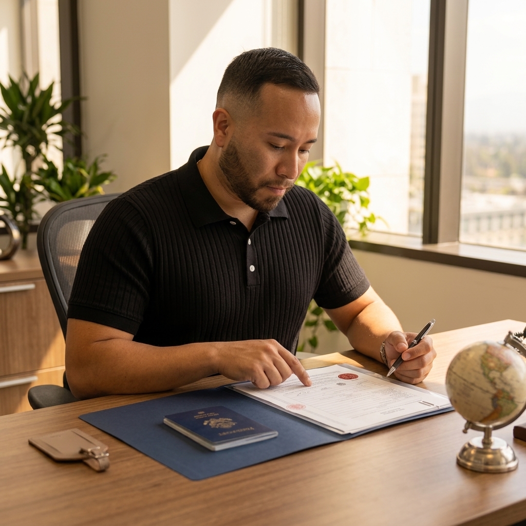 A man in a black polo shirt signing official immigration documents and a passport at a desk.