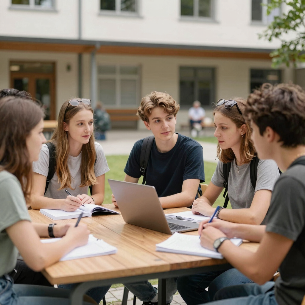 Diverse group of college students studying together on a university campus with notebooks and papers.