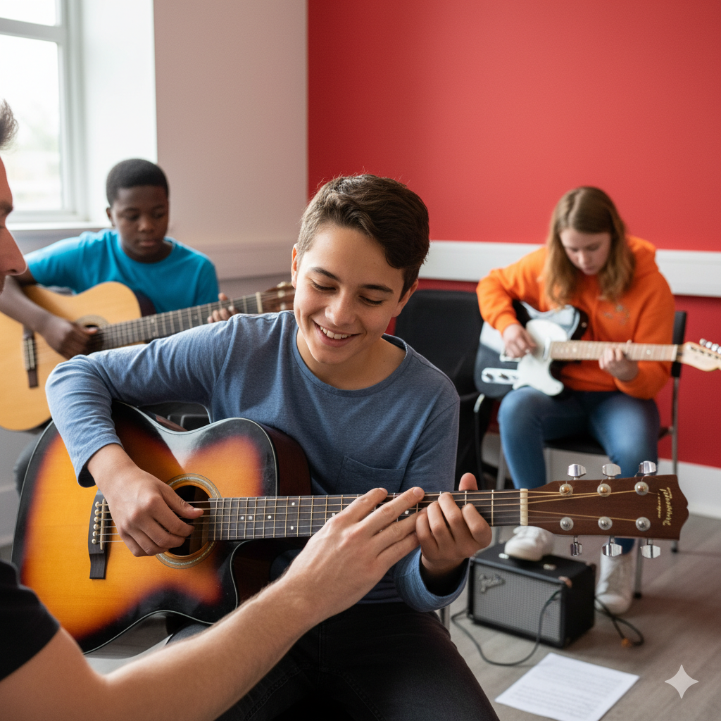a teens playing guitar in a room