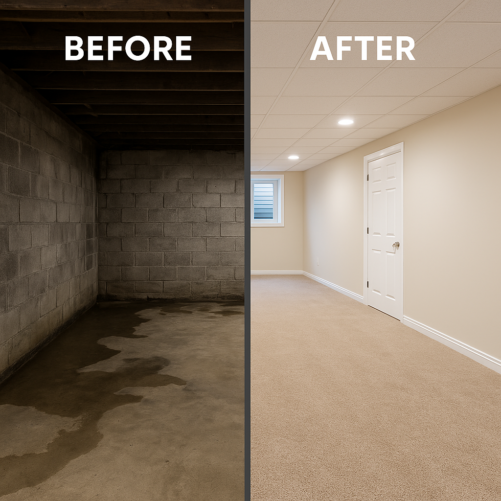 Before and after image with water in an unfinished basement before and a finished basement after