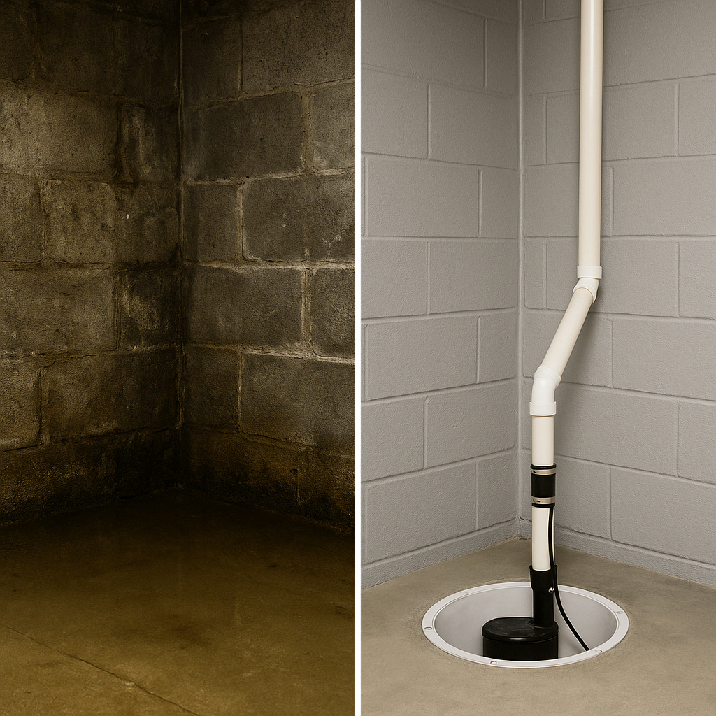 Before and after showing water in an unfinished basement before and a sump pump in a basement after