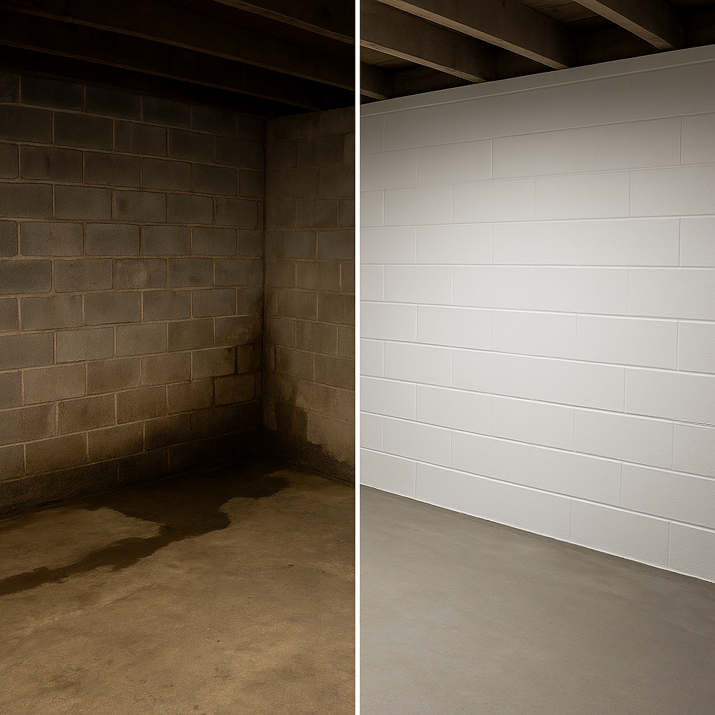 Before and after showing water in unfinished basement before and no water in basement after
