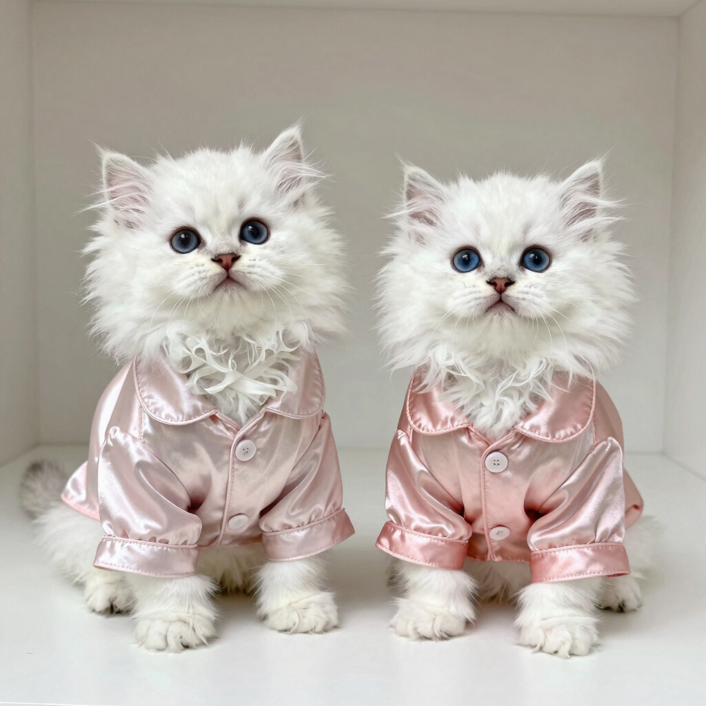   Dos gatitos blancos y esponjosos con ojos azules, que llevan un pequeño pijama de satén rosa, está