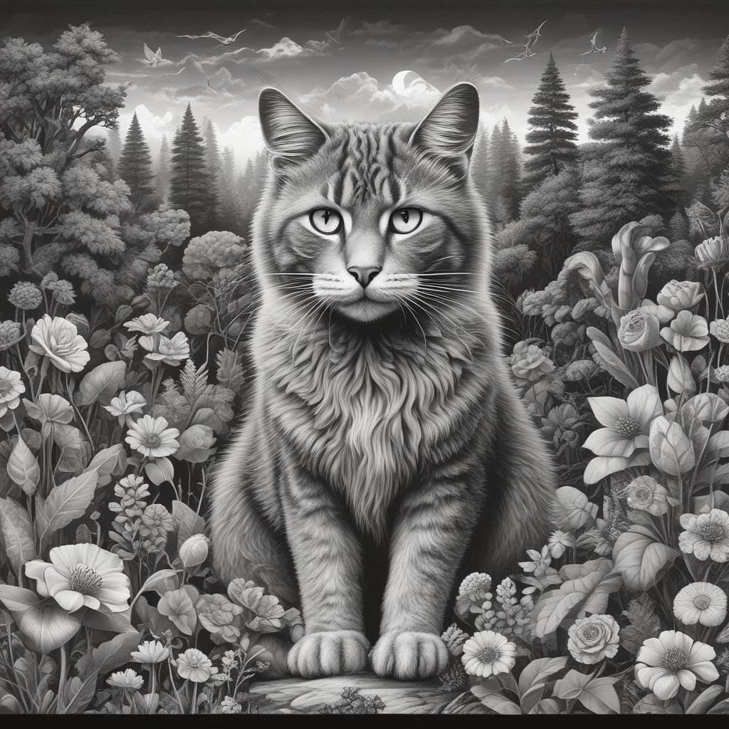 Black and white illustration of a fluffy tabby cat sitting in a lush flower garden with pine trees.