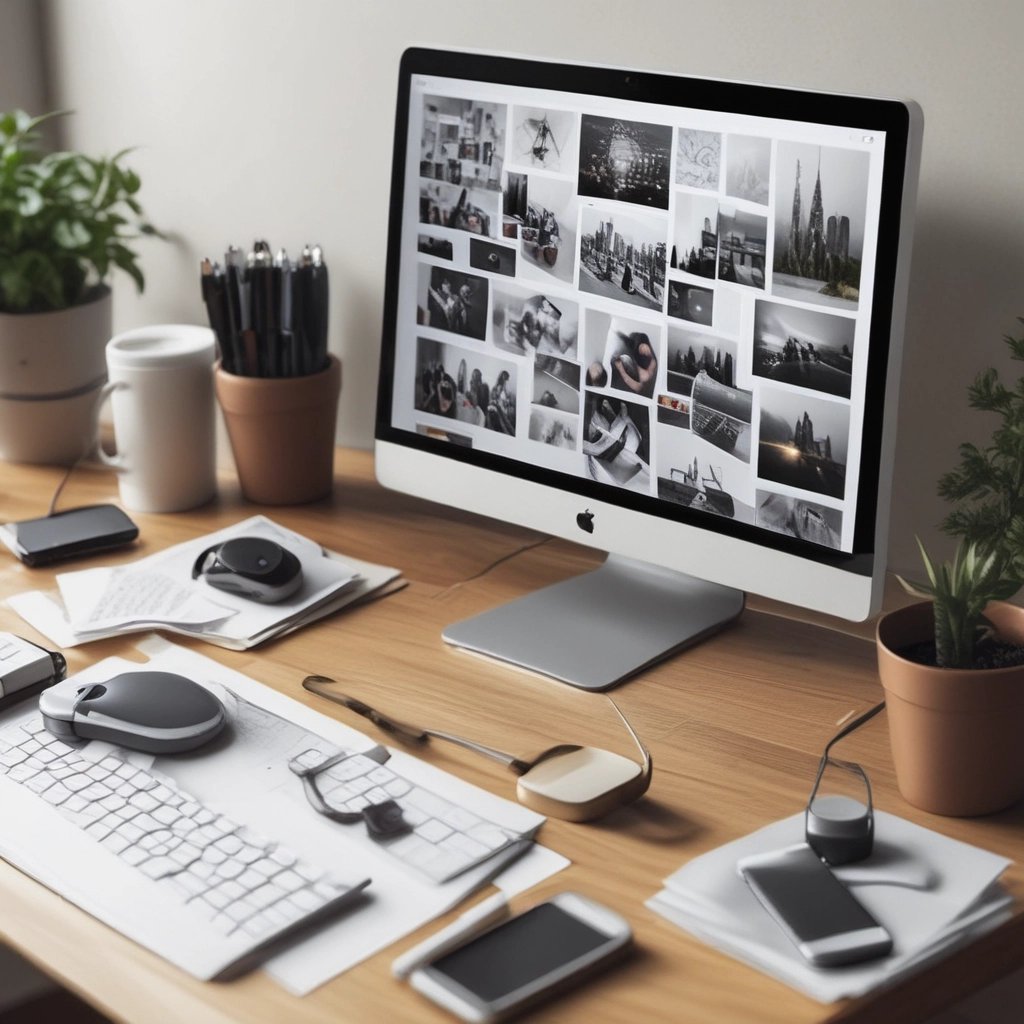 Apple iMac desktop computer on a wooden office desk with photography gallery on screen and workspace accessories.